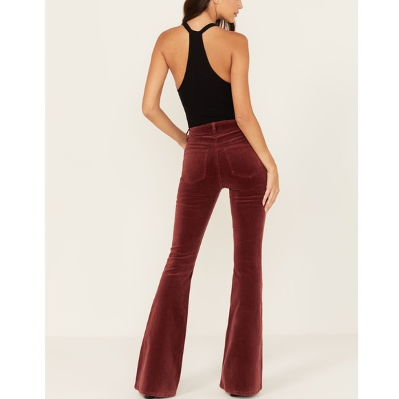 Shyanne high waisted velvet Burgundy Flare Pants - Picture 2 of 6